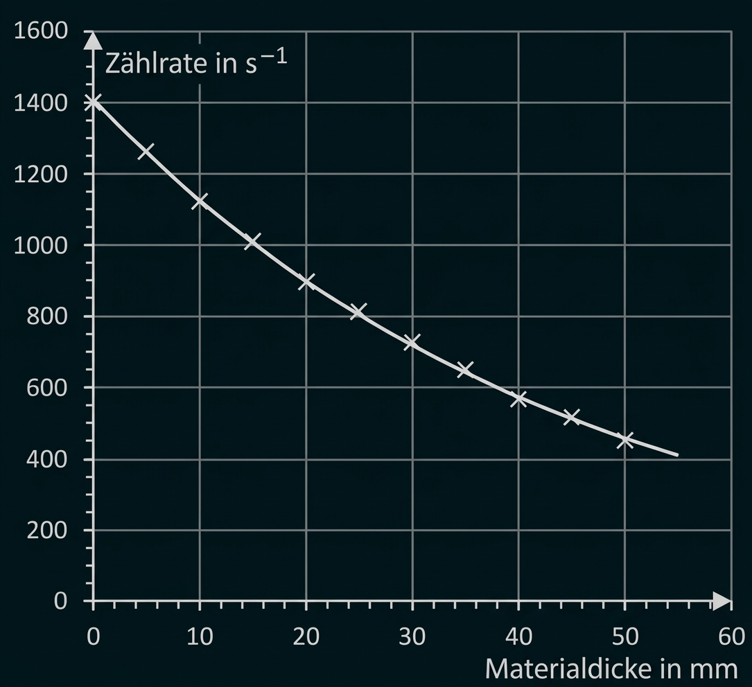Diagramm der Zählrate in Abhängigkeit von der Materialdicke.